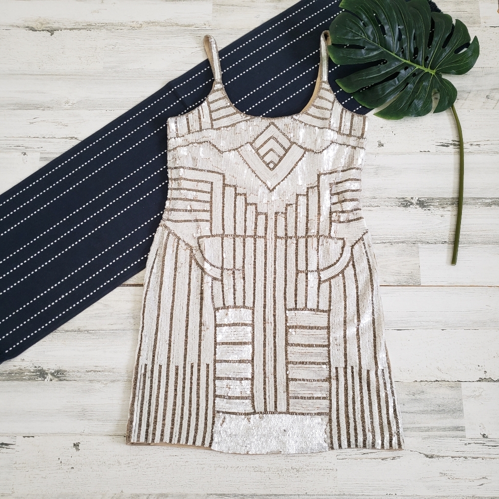 Adrianna Papell Beaded Sequin Tank Dress White Beige Size 8